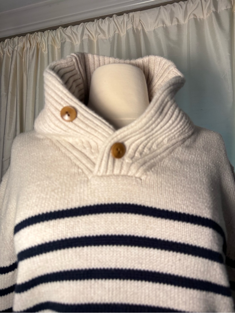 J. Crew Men’s Cream and Navy Striped Shawl Neck Sweater - Picture 8 of 10